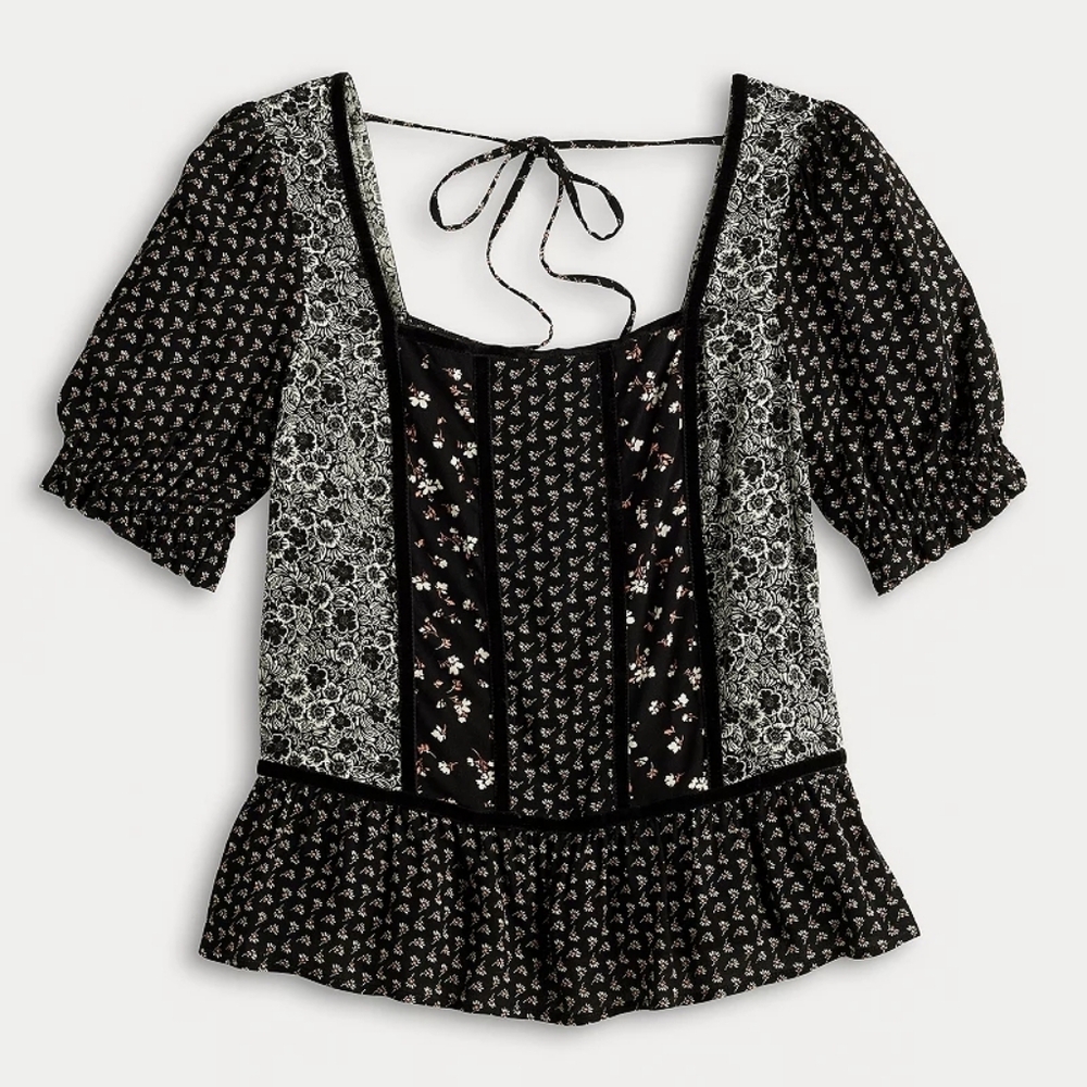 Square Neck Tie Back Top Womens L Floral Black Velvet Trim Boho Whimsigoth Fairy